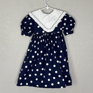 Vtg 80s Monday's Child Girls Dress Bib Sailor Collar Polkadot Navy Size 5